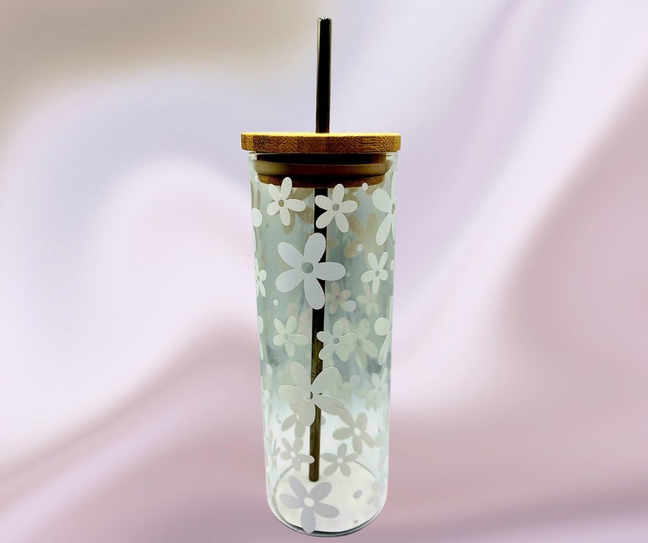 Tall Glass Tumbler with Wooden Lid and Stainless Steel Straw