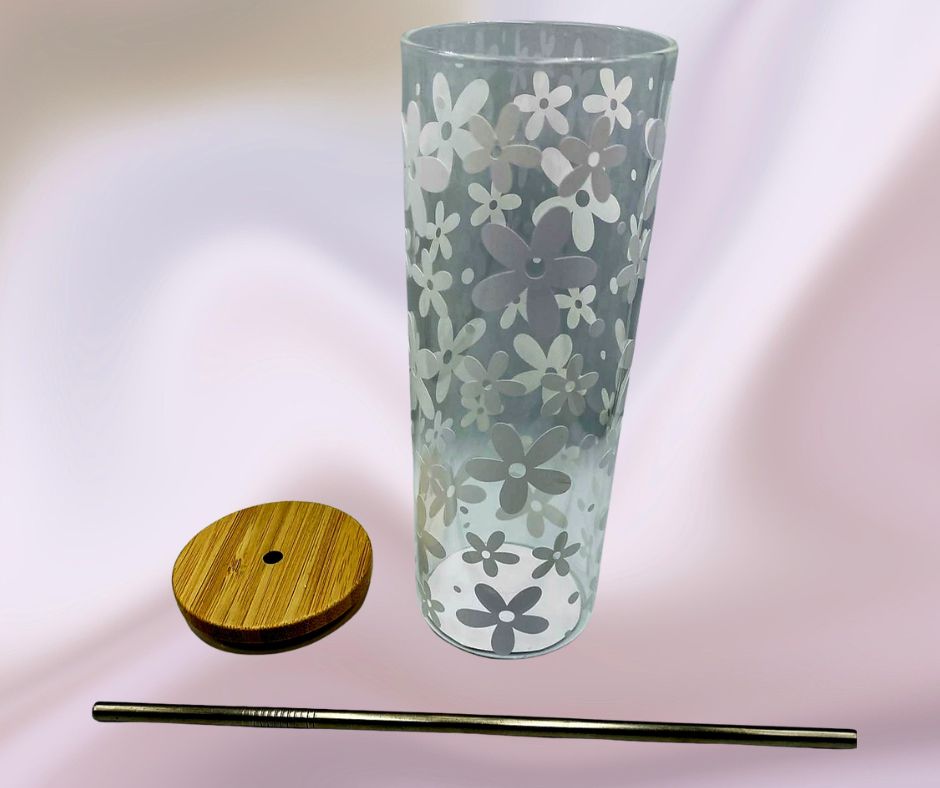 Tall Glass Tumbler with Wooden Lid and Stainless Steel Straw