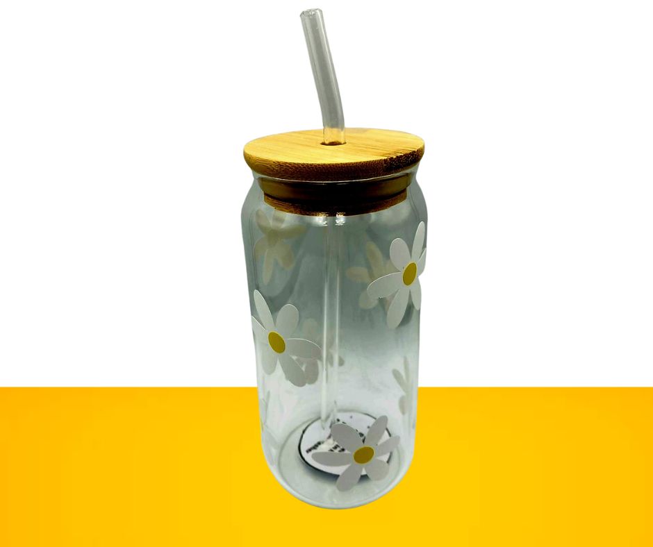 Glass can design with wooden lid and metal straw