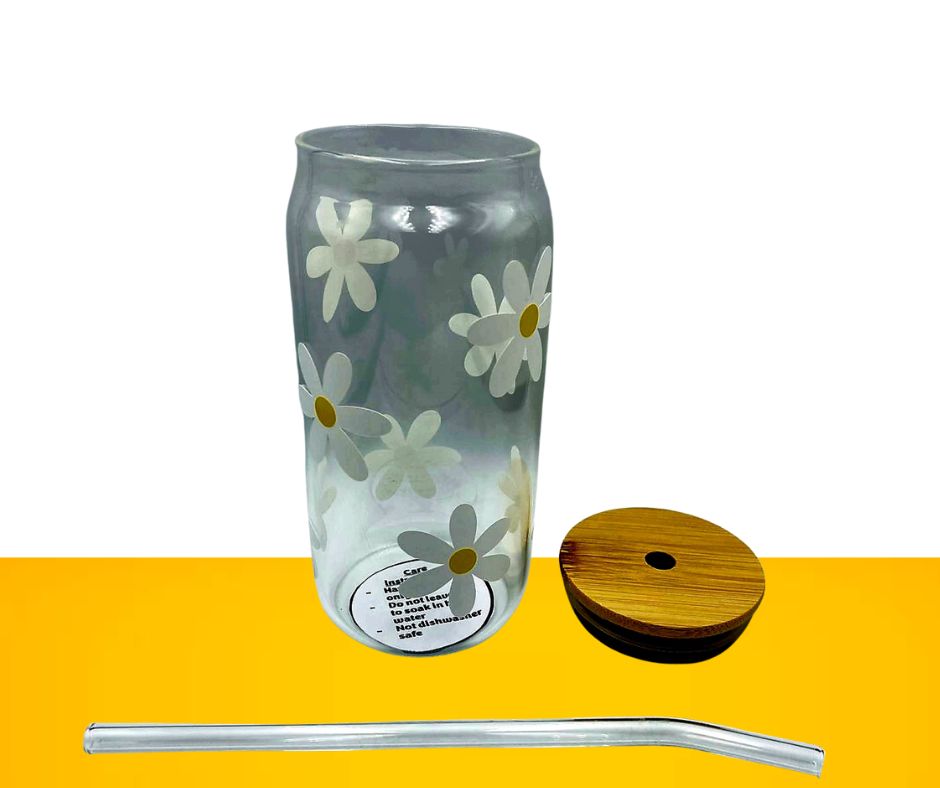 Glass can design with wooden lid and metal straw